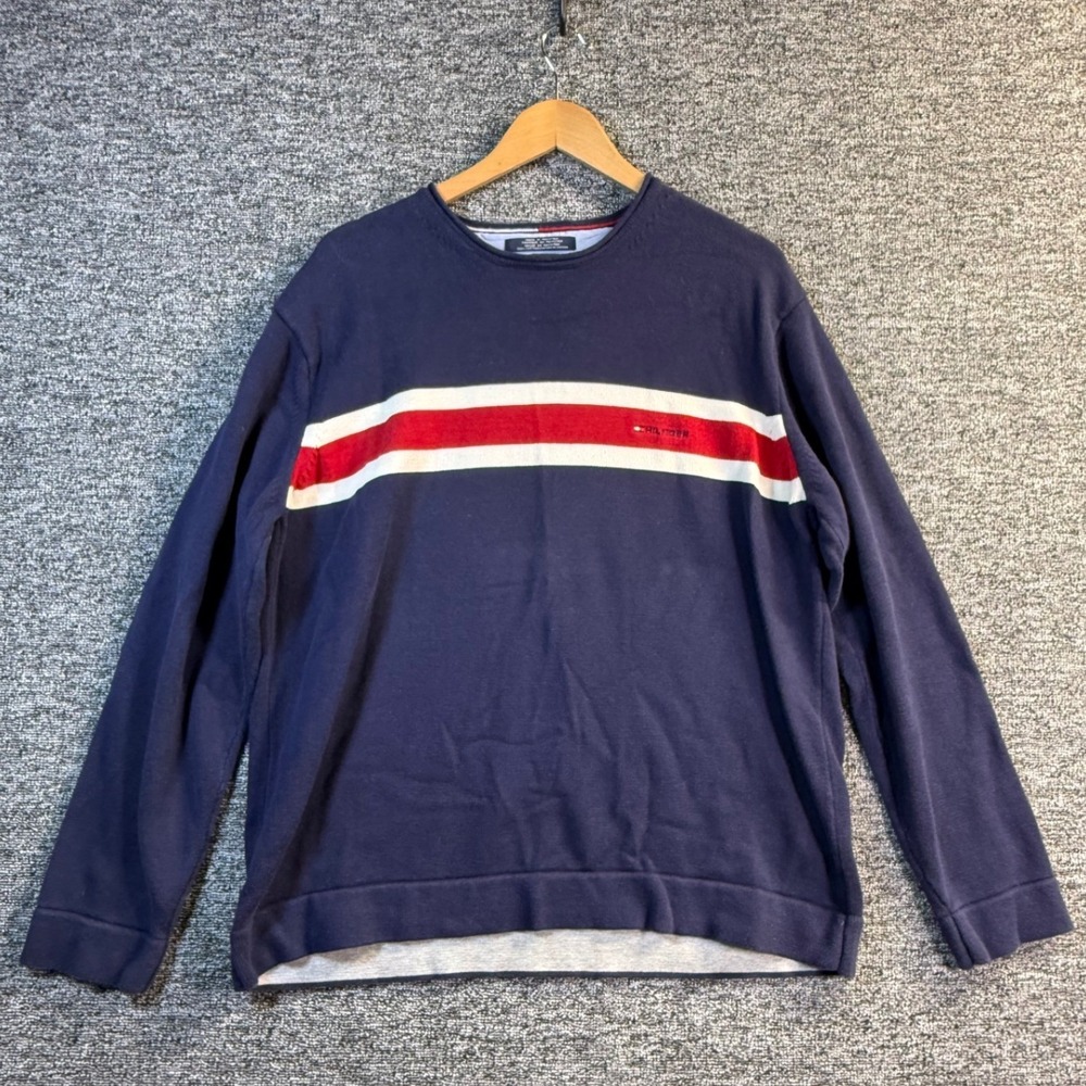 Tommy Hilfiger Mens XL Navy Blue Red White Striped Cotton Crew Neck Sweater